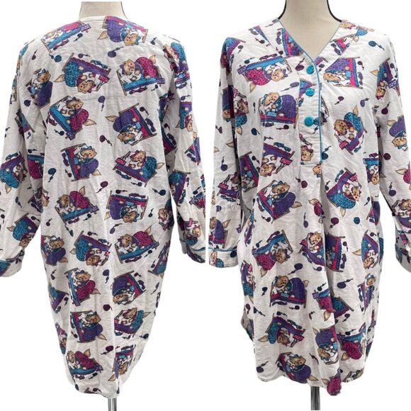 Night Gear Sleepwear Vintage 80's All Over Sleepy Cats Varsity Shirt Nightgown - Picture 1 of 8